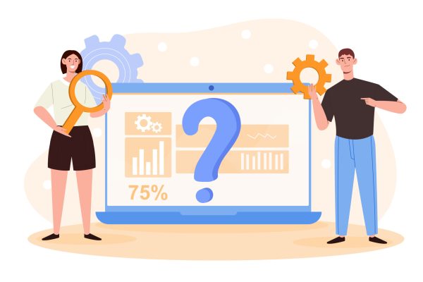 Problem solving concept. Man and a woman are standing next to a large laptop. There is a large question mark, statistics and settings on the screen. Frequently Asked Question. Flat vector illustration