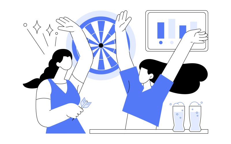 Playing darts isolated cartoon vector illustrations. Group of cheerful friends having fun in pub, people play darts and drink craft beer, eating out in bar, precise shot vector cartoon.